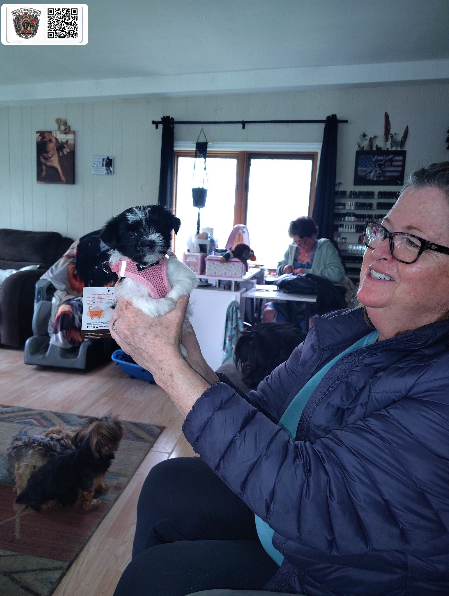 Janene smiling and holding up Hazel, her tiny black-and-white parti Yorkshire Terrier puppy in a pink harness