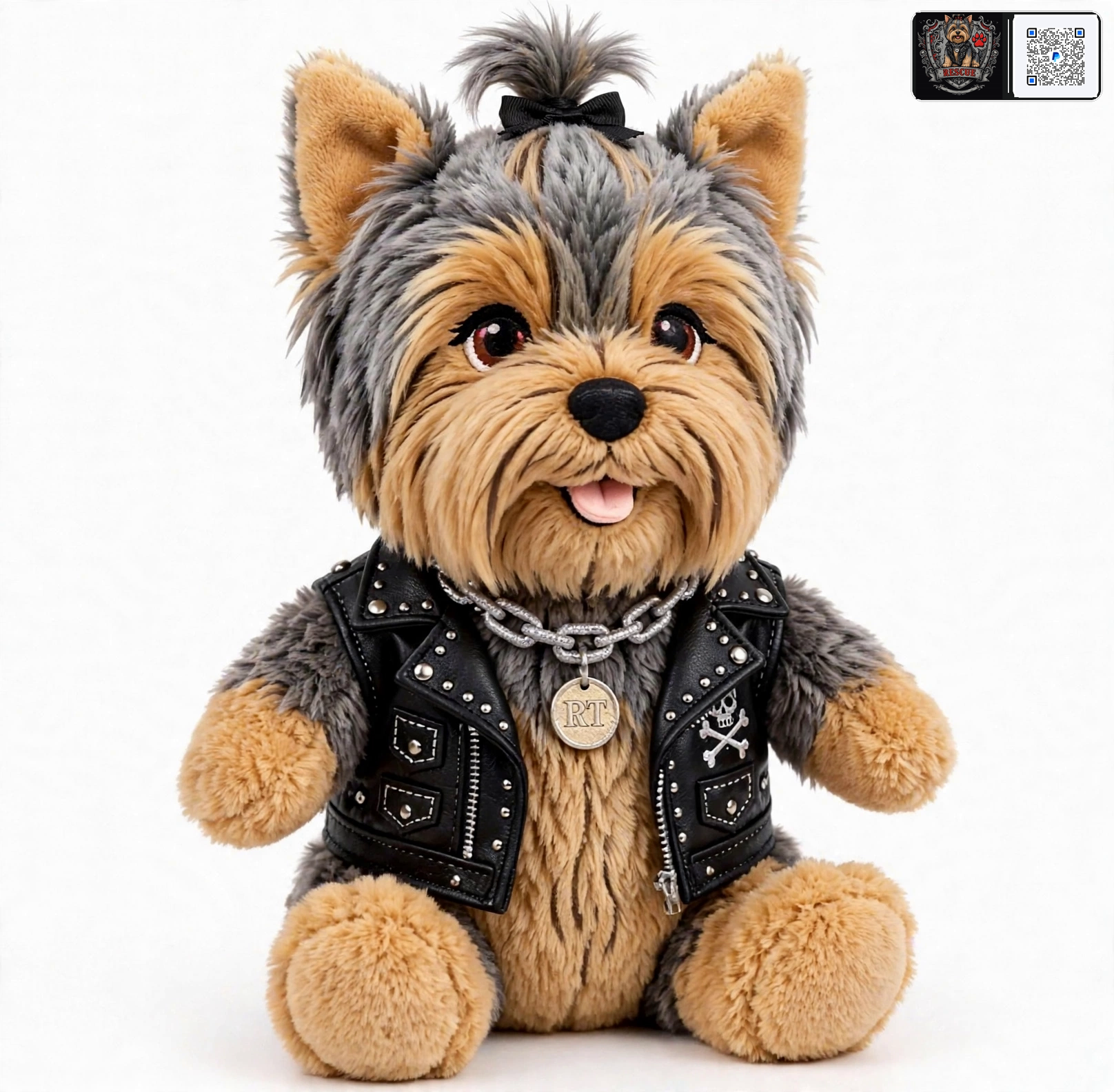 Winston™ plush mascot concept: a Yorkshire Terrier plush doll wearing a studded vest